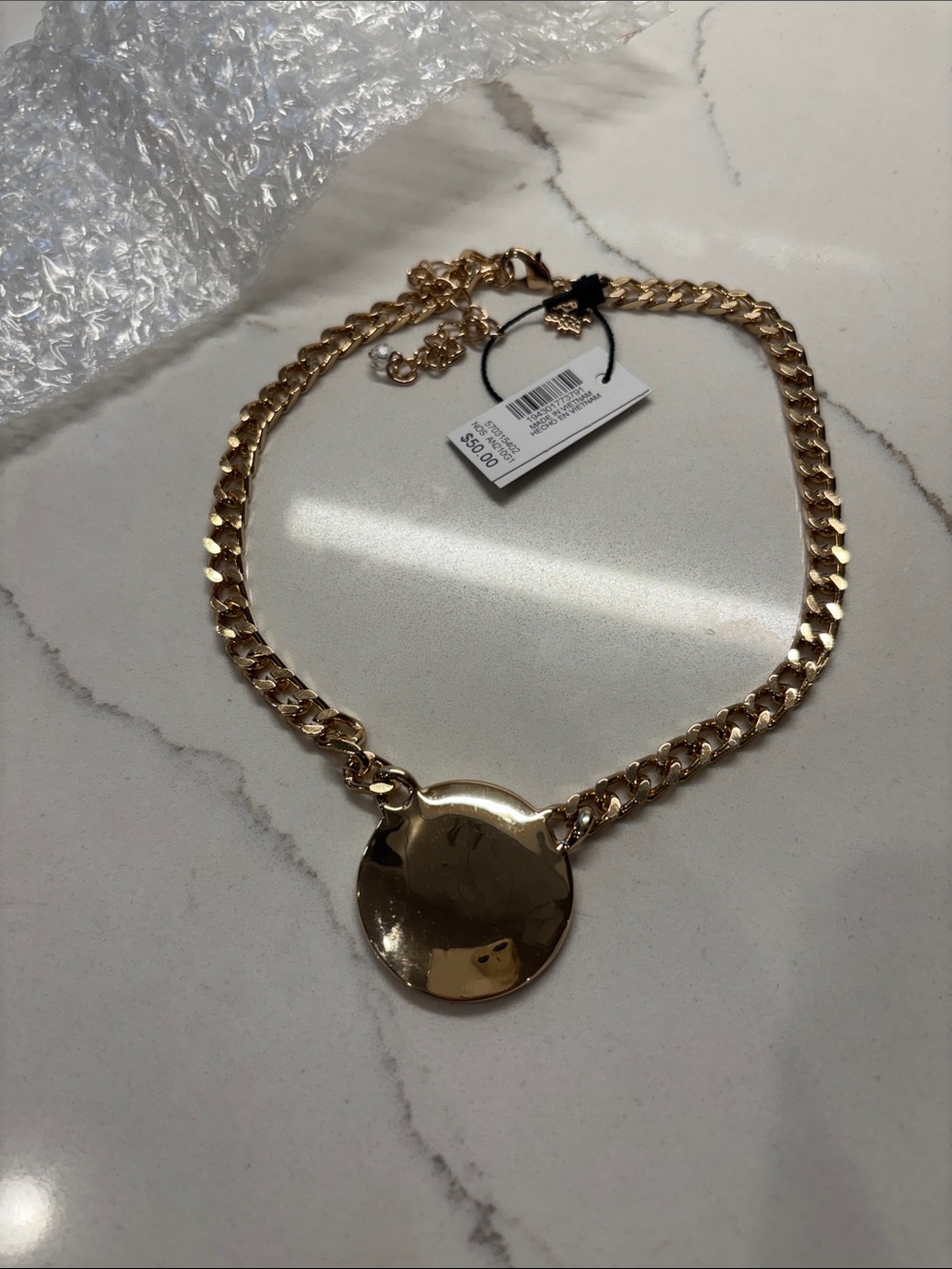 White House Black Market Gold-Tone Chunky Chain Necklace with Round Disc Pendant